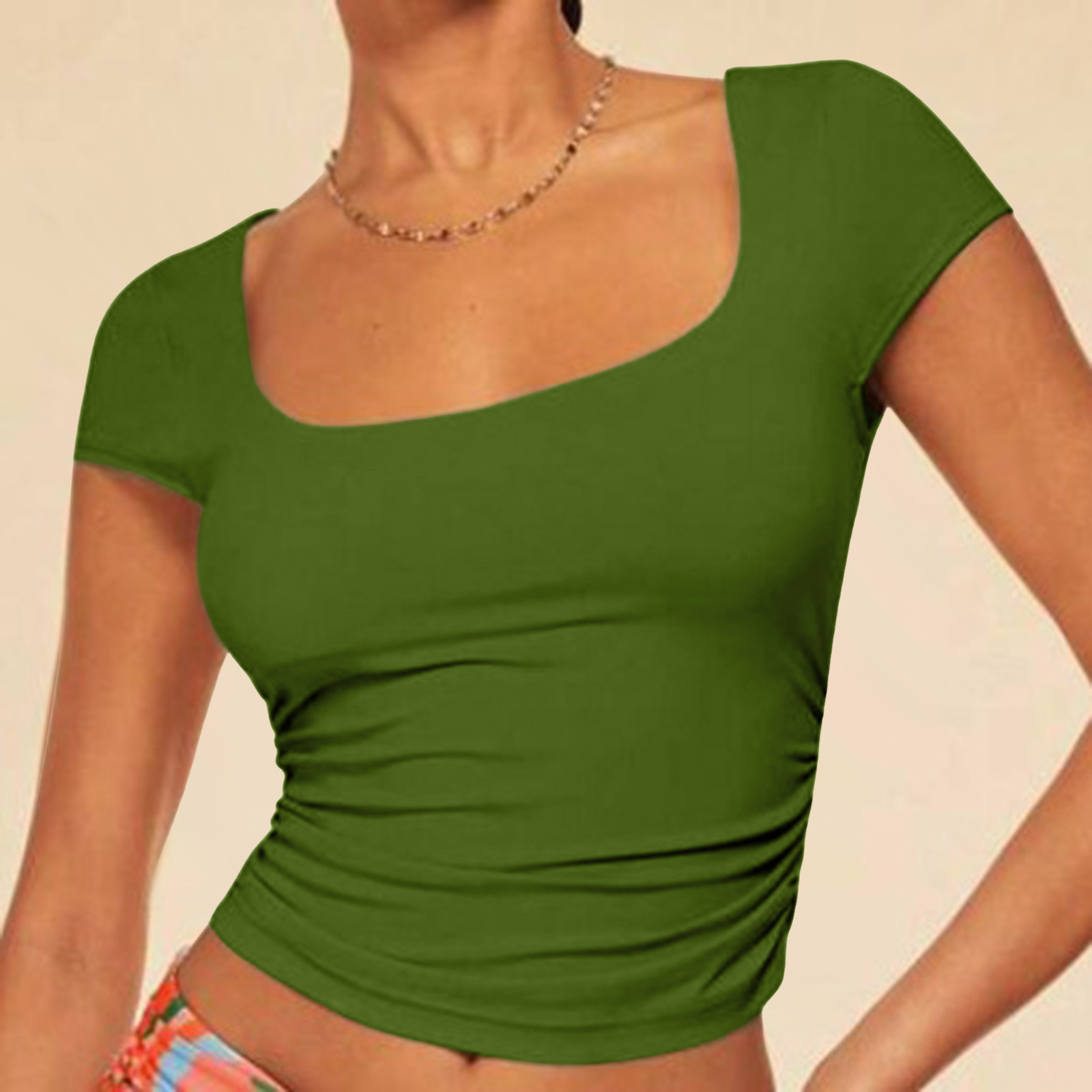 thumbnail image 2 of Camiseta de manga corta y cuello redondo para mujer: básica, ajustada, camiseta informal de verano para combinar en capas, 2 of 6